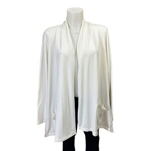 LOGO Lori Goldstein Lounge White Open Terry Knit Cardigan Chiffon Trim Medium‎